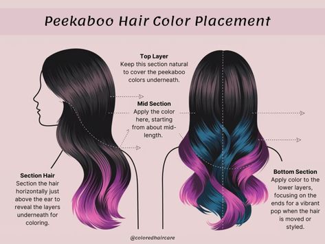 Peekaboo Hair Color How To, How To Do Peek A Boo Hair Color At Home, Peekaboo Hair Color Placement Diagram, How To Do Peekaboo Hair Color At Home, How To Section Hair For Peekaboo Color, Under Hair Dye, Hair Dyed Underneath, Hair Dye Brands, Hair Dye Removal