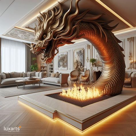 Dragon Fireplaces 🐲🔥🏰 #DragonBlaze #FantasyHearth #MedievalWarmth Transform your living space into a realm of fantasy with Dragon Fireplaces. These majestic hearths feature intricately designed dragon motifs, adding a touch of mythical charm to your home. Elevate your cozy evenings with Dragon Fireplaces, where every flicker of flame brings the magic of ancient legends to life. 🏰🌌🔥 Halloween Themed Bedroom, Interesting Rooms, School Hallways, Fire Places, Creative Concept, Traditional Fireplace, Fantasy Homes, Fantasy House, Interior Wall Design