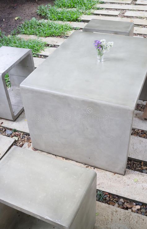 Photo about Concrete outdoor furniture set in the small garden, stock photo. Image of relax, table, bench - 76395912 Outdoor Concrete Table, Concrete Outdoor Furniture, Terrace Furniture, Outdoor Furniture Set, Table Bench, Concrete Table, Bench Table, Furniture Set, Floor Design