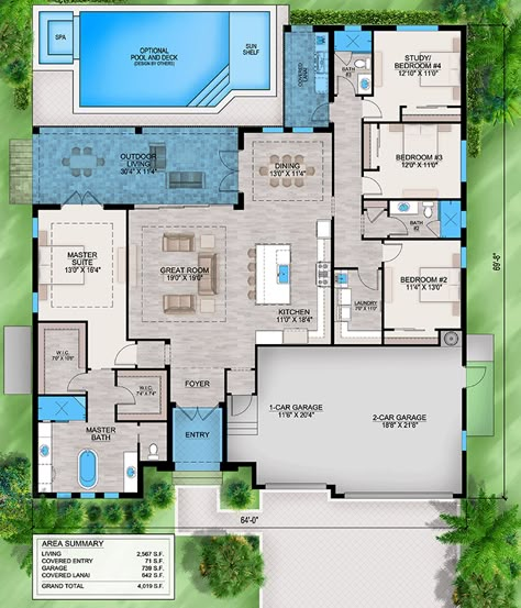 This one-story coastal contemporary house plan gives you 4 bedrooms, 3 bathrooms and 2,567 square feet of heated living space. Throughout the home, you'll enjoy 10' ceilings minimum with tray and coffered ceilings found across many of the public spaces. Architectural Designs' primary focus is to make the process of finding and buying house plans more convenient for those interested in constructing new homes - single family and multi-family ones - as well as garages, pool houses and even sheds an House Design Plans One Floor 4 Bedrooms, House Plans With Pool In The Middle, 4 Bedroom House Plans With Pool, House Layout Plans 4 Bedroom 1 Floor, Ultra Modern House Plans, Free House Plans 4 Bedroom, Caribbean House Design, Single Story Floor Plans, Multi Family House Plans