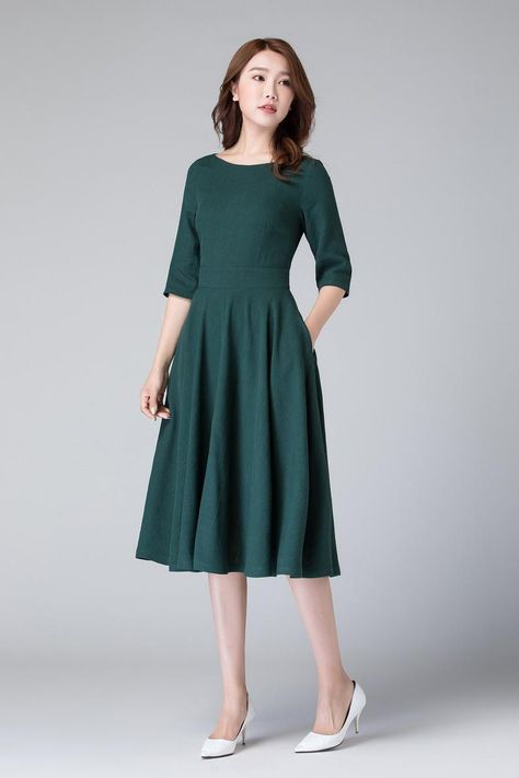 Dress Half Sleeve, Modest Midi Dress, Simple Frock Design, Dark Green Dress, Frock Fashion, White Maxi Skirts, Linen Dress Women, Summer Linen Dresses, Linen Midi Dress