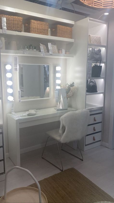 "Curate your beauty essentials with these makeup set ideas, from natural everyday looks to glamorous evening styles, and discover the perfect products for your personalized makeup collection." Pole Barn Loft Ideas, Modern Teen Boy Bedroom, Makeup Bedroom, Vanity Setup, Ikea Makeup, Vanity Inspo, Baddie Bedroom Ideas, Ikea Vanity, Fancy Bedroom