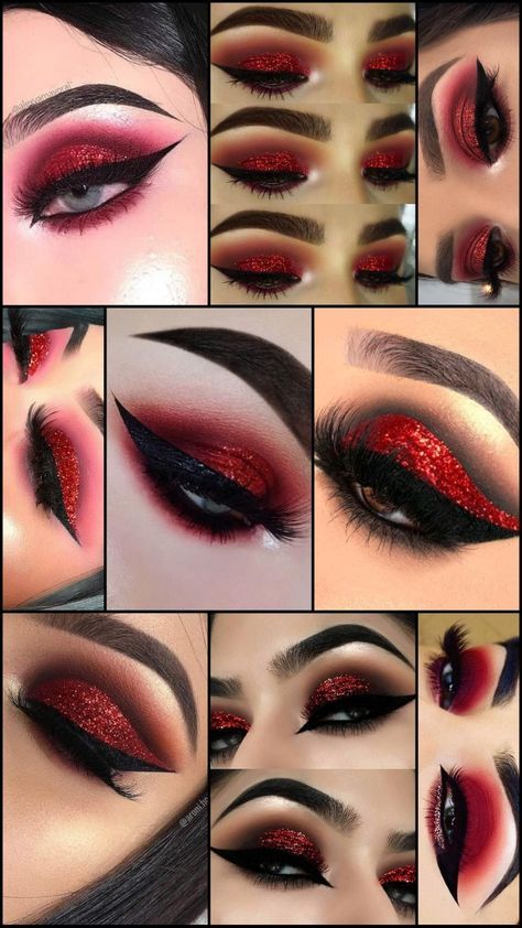 Beauty and Makeup: #beauty, #makeup, #skincare, #haircare Red Vampire Eye Makeup, Lil Red Riding Hood Makeup, Goth Makeup Red Lips, She Devil Makeup Halloween, Smoky Red Eye Makeup, Simple Red And Black Makeup, Black And Red Eyeshadow Looks, Red Cut Crease Eyeshadow, Red Gem Makeup