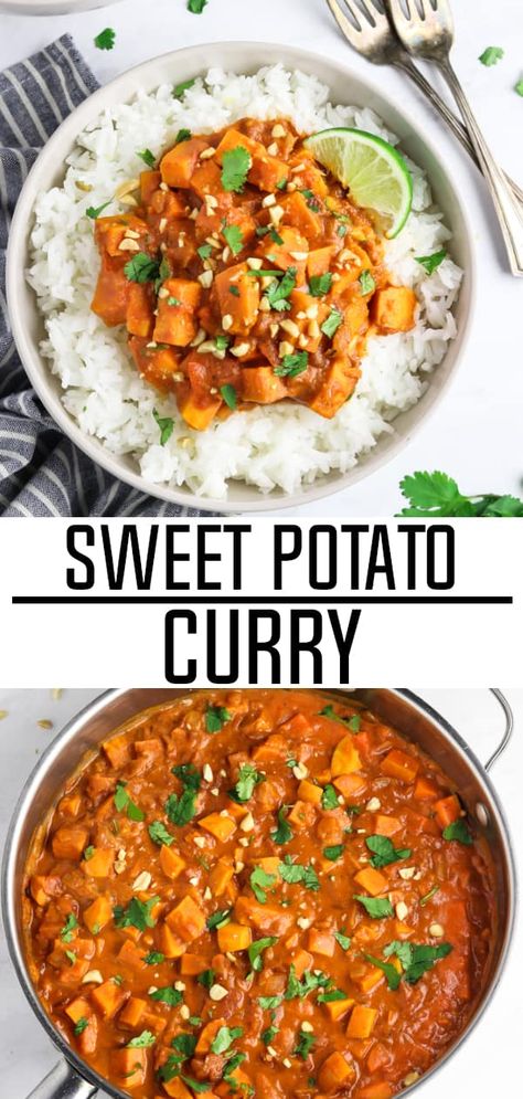 Thai Sweet Potato Curry – the perfect weeknight dinner. It's creamy, satisfying and packed with addictive flavors. Your family will be running to the table! Thai Sweet Potato, Clean Foods, Cooking Jasmine Rice, Sweet Potato Curry, Diner Recept, Potato Curry, Vegan Curry, Vegan Sides, Chickpea Curry