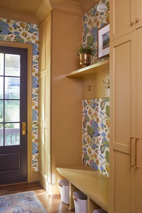 Mudroom Cabinets, Yellow Cabinets, Mudroom Entryway, Mud Room Storage, Mudroom Design, With Wallpaper, Laundry Mud Room, Up House, Front Room