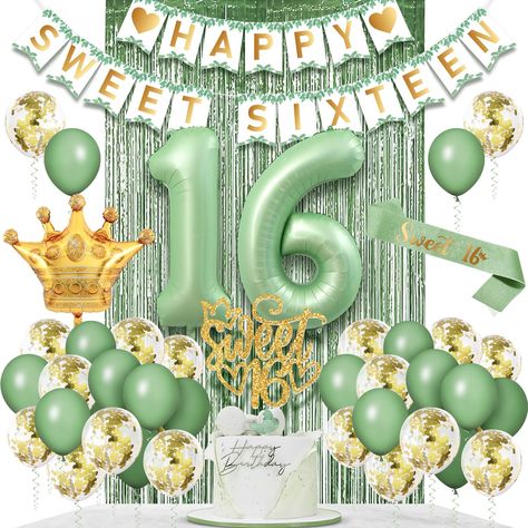 PRICES MAY VARY. package includes: The happy 16th birthday decorations girl includes a sweet 16 birthday banner, a green “Sweet 16” sash, a gold Sweet 16 cake topper, a 40-inch sage green 16 number balloon, 25pcs white gold confetti balloons, 25pcs sage green latex balloons, a crown foil balloons(23.6''), and olive green fringe curtains, everything you need in one kit perfect quality: The Sweet 16 birthday decorations are made of safe, eco-friendly premium material. the sweet 16 sash is made of Birthday Decorations Sweet 16, 16 Birthday Decorations, 16 Party Decorations, Party Decorations Green, Sweet Sixteen Decorations, Sweet 16 Sash, Sweet 16 Party Decorations, Sweet Sixteen Birthday Party Ideas, Dresses Dinner