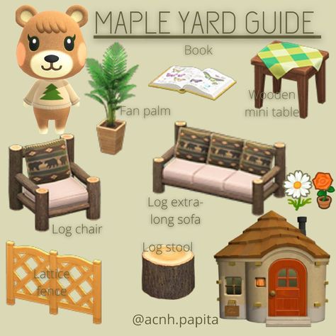 Acnh Yard Guide, Maple Acnh, Acnh Layout, Acnh Yard, Acnh Villagers, Log Chairs, Cottagecore Animal Crossing, Character Info, Acnh Cottagecore