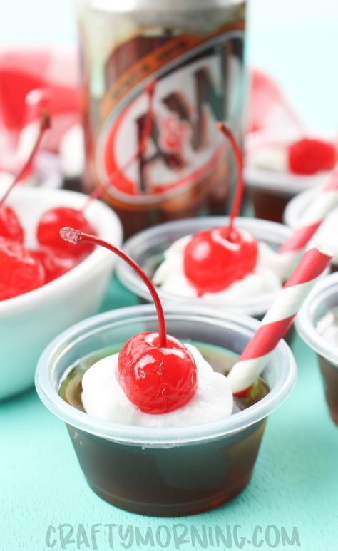 Root Beer Float Jello Shots - Crafty Morning Jello Shots Vanilla Vodka, Vanilla Vodka Jello Shots Recipes, Rootbeer Jello Shots Alcohol, Red Pudding Shots, Root Beer Float Jello Shots, Vanilla Vodka Jello Shots, Mojito Jello Shots, Cherry Jello Shots, Strawberry Jello Shots