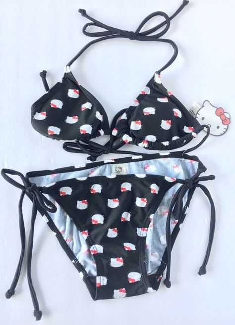 Hello Kitty Swimsuit Two Piece Bikini Swimwear Black NWT Bathing Suit XS  | eBay 2 Piece Swimming Suits Bikinis, Alternative Bathing Suits, Hello Kitty Swimwear, Hello Kitty Swimming Suit, Sanrio Swimsuit, Black Bathing Suit Aesthetic, Cute Two Piece Bathing Suits, Cute Bathing Suits Bikinis, Y2k Bathing Suit