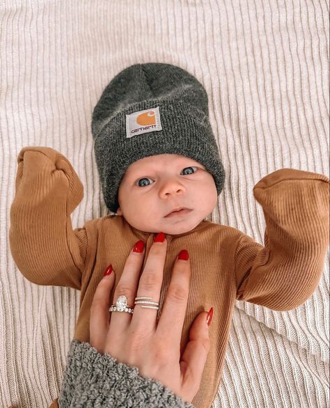 Baby carhartt | newborn | baby boy | diamond ring | red nails | gold jewelry Baby Country Boy, Red Nails Gold, Baby Boy Nails, Baby Carhartt, Baby Onies, Carhartt Baby Boy, Country Babies, Newborn Boy Outfits, Baby Boy Beanies