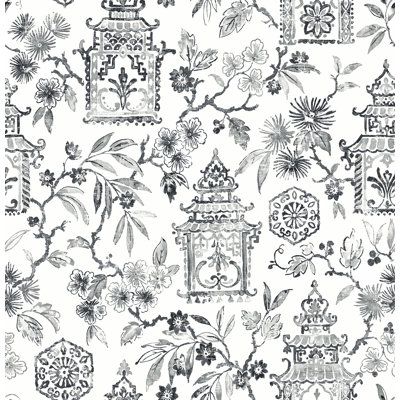 Add worldly elegance to your walls with this stunning toile design. This chinoiserie-inspired design features petite pagodas, floral medallions, and flowering tree branches inked in shades of green against white. Helaine is an unpasted, non woven wallpaper. Unpasted non woven material; 20.9-in repeat, straight match; Washable and strippable; 20.5-in by 33-ft long roll; Covers about 56.4 square feet Color: Gray | Bungalow Rose 33' L x 21" W Wallpaper Roll, Size 20.5 W in | Wayfair | Home Decor Pagoda Wallpaper, Asian Wallpaper, Flowering Branches, Charcoal Wallpaper, Toile Wallpaper, A Street Prints, Happy Wallpaper, Wallpaper For Sale, Chinoiserie Wallpaper