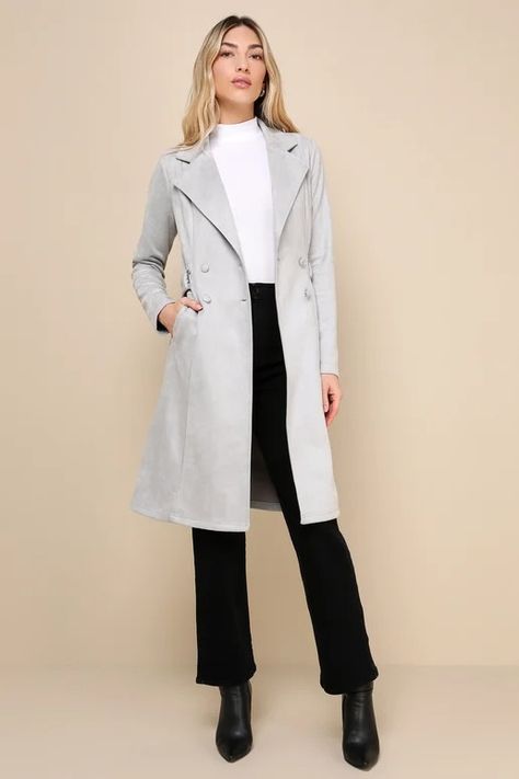 trench coat - Lulus Search Light Grey Trench Coat Outfit, Light Gray Coat Outfit, Light Grey Coat Outfit, Grey Trench Coat Outfit, Grey Coat Outfit, Grey Winter Coat, Suede Trench Coat, Trench Coat Outfit, Grey Trench Coat