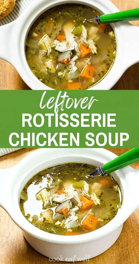 Easy chicken soup recipe made with leftover rotisserie chicken. Here's a super-fast chicken soup recipe. What makes it so quick is using pre-cooked chicken and a few other shortcuts. You can make this soup with a rotisserie chicken—or leftover chicken you've roasted in the oven or cooked in the crockpot. A great quick alternative to slow cooked chicken soup. Gluten free, dairy free, paleo. Leftover Rotisserie Chicken Soup, Chicken Soup Gluten Free, Soup Gluten Free Dairy Free, Rotisserie Chicken Leftovers, Chicken Soup Healthy, Easy Chicken Soup Recipe, Roast Chicken Soup, Crockpot Rotisserie Chicken, Paleo Chicken Soup