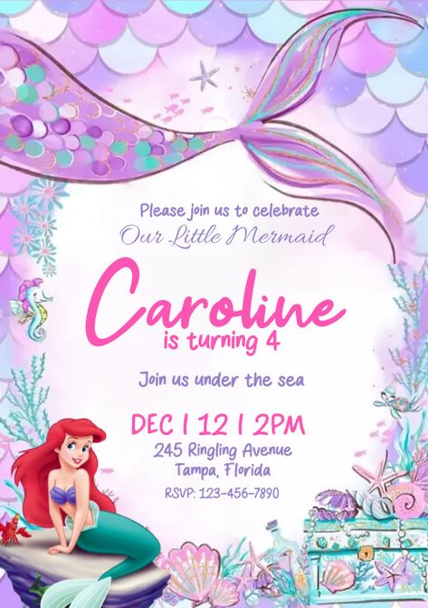 Mermaid Birthday Invitations Free, Happy Birthday Templates, Little Mermaid Invitations, Mermaid Party Invitations, Happy Birthday Poster, Birthday Party Invitations Free, Mermaid Birthday Party Invitations, Ariel Birthday Party, Mermaid Party Favors