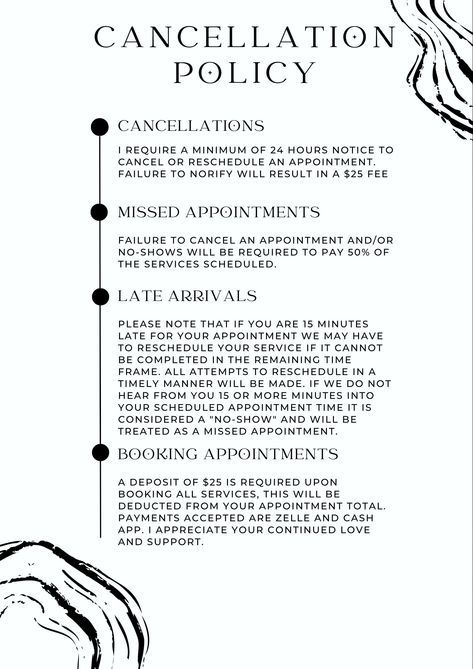 Salon cancellation policy. Hair Stylist Cancellation Policy, Lash Cancellation Policy, Late Policy For Salon, Salon Policy Template, Salon Flyers Ideas, Hair Salon Cancellation Policy, Hairstylist Cancellation Policy, Salon Commission Scale, Salon Policy And Procedures