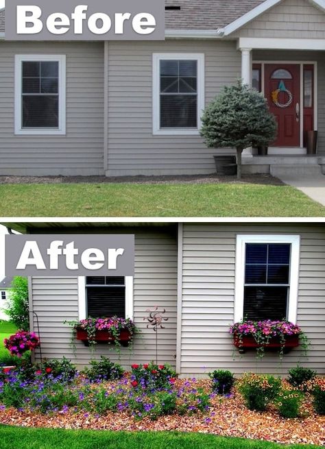 Add character with window boxes! ~ I love these curb appeal ideas and exterior makeovers! Lots of easy DIY projects on a budget for your entryway, landscaping, porch, front yard, garage doors and more! Before and after photos included. | Listotic.com Easy Curb Appeal Ideas, Veranda Design, Improve Curb Appeal, Front Yards Curb Appeal, Diy Curb Appeal, Small Front Yard Landscaping, نباتات منزلية, Small Front Yard, Front Porch Design