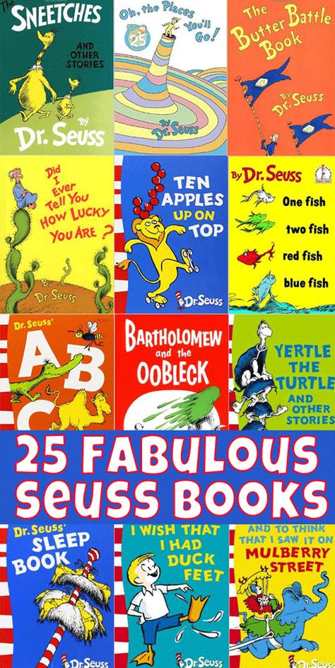 Get ready for Dr Seuss birthday on March 2nd with these 25 fabulous Seuss titles kids will love! Dr Seuss Preschool, Dr Seuss Books, Seuss Classroom, Seuss Crafts, Dr. Seuss, Dr Seuss Week, Dr Seuss Birthday, Seuss Party, Toddler School