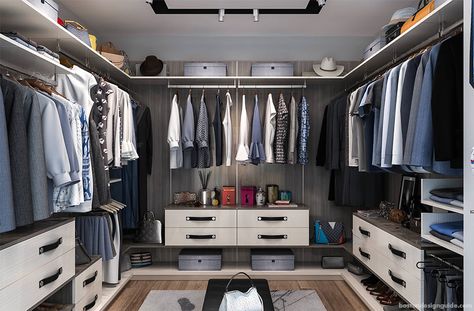 This stylish closet for him and her features floating drawers, shelves, trays and rods for a sleek, spacious design. Best Closet Systems, Dream Closet Organization, Modern Closet Designs, Closet Redesign, Closet Organization Designs, Closet Factory, Floating Drawer, Custom Closet Design, Walk In Closet Design