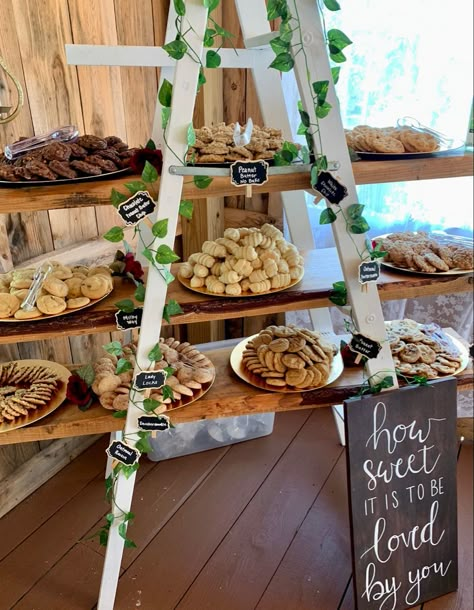 Fall Wedding Dessert Tables, Dessert Ladder Wedding, Ladder Shelf Dessert Display, Brownie Wedding Display, Wedding Cookie Dessert Table, Wedding Sweet Treats Table, Cookie Table Wedding Display Bar Ideas, Cookie Table Wedding Display Rustic, Cookie Table Signs Wedding