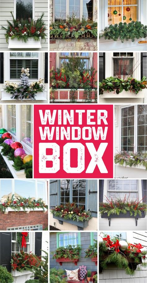 Basically, it is great if you can grow some plants in your window box, but, if it is impossible, then you can simply do some arrangements by using some durable materials. In this case, you can use the fake ones, the dried plants, or the real evergreen that can stay long before being withered. Then, you may add some winter ornaments like Christmas balls, candy canes, ribbons, etc. See the following pictures to get inspiration. #winterwindowbox #windowboxideas Xmas Window Boxes, Christmas Outdoor Window Boxes, Outdoor Christmas Boxes, Christmas Outdoor Window Decorations, Christmas Planter Boxes, Winter Window Boxes Outdoor, Christmas Flower Boxes Outdoor, Outdoor Window Christmas Decorations, Christmas Flower Boxes