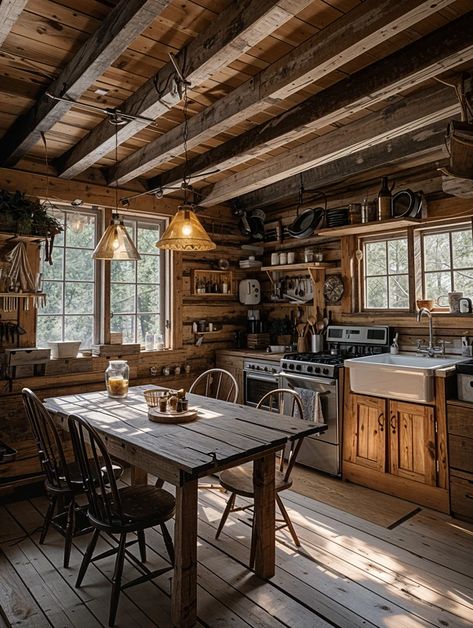 Rustic Kitchen Dreams Rustic Cabin Ideas Interiors, Cabin House Interior Kitchen, Off Grid Cabin Kitchen, Cabin Style Interior Design, Cabin Kitchen Aesthetic, Cabin In The Woods Kitchen, Rustic Cabin Interior Design, Hunting Cabin Kitchen, Small Cabin Interiors Rustic Simple