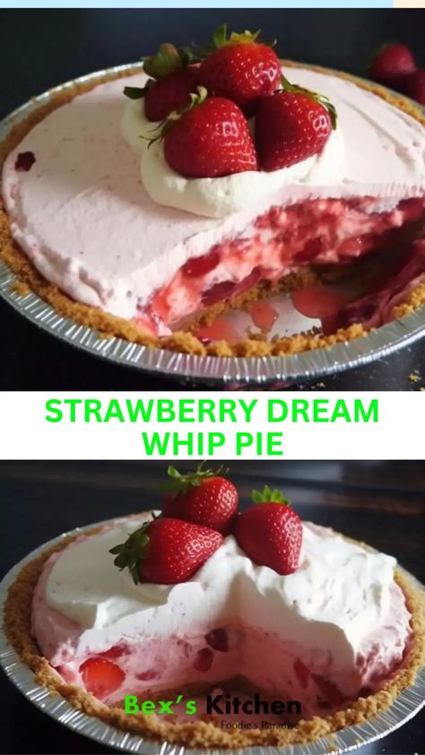 Strawberry dream whip pie – Bex’s Kitchen Strawberry Dream Whip Dessert, Dream Whip Recipes, Dream Whip Pie, Jello Pie Cool Whip, Strawberry Cool Whip Pie, Water Pie Recipe, Jello With Cool Whip, Whipped Cream Pie, Strawberry Jello Pie