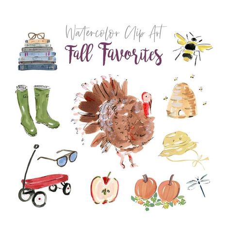 Beth Briggs | Fashionable Illustrations on Instagram: "Hello friends! I just added a new clip art collection to my Etsy shop: “Fall Favorites”. Create invites, stationery, planners or social media announcements with my whimsical graphics! See link in bio or stories. Gobble gobble! 🦃" Watercolor Turkey, Thanksgiving Watercolor, Autumn Clip Art, Thanksgiving Clip Art, Art Thanksgiving, Fall Clip Art, Watercolor Clip Art, Thanksgiving Invitation, Watercolor Pumpkins