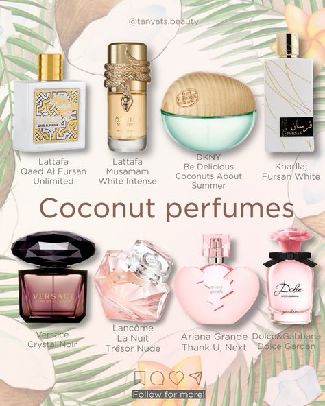 🥥 8 Different Coconut Perfumes 👇🏻 Side note 🙅🏼‍♀️ Sometimes the coconut note in perfumes might smell like pickles — it depends on the person. If it ever happened to you that you could smell some weird sourness in any perfume — don’t blind buy any of these. ▫️ Lattafa Qaed Al Fursan Unlimited — Starting off with a potent Arabian perfume, it’s an intense tropical coconut scent. ▫️ Lattafa Musamam White Intense a sophisticated coconut scent with citrus and sandalwood. ▫️ DKNY Be Delicious C... Layering Coconut Scent, Qaed Al Fursan White, Coconut Smelling Perfume, You Smell Like Coconut, Coconut Perfume Best, You Smell Like, Coconut Parfum, Beachy Perfumes, Coconut Smelling Products