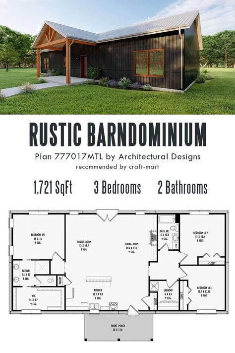 You will enjoy the clarity of this functional barn-style floor plan! The great room, dining room, and kitchen merge into one space to create a comfortable area for family and friends to enjoy while French doors take you outside. An open gable with decorative trusses adds rustic character to this small barndominium. Small Rustic Barndominium, Medium Sized Barndominium, Outside Of Barndominium, House Plan With Kitchen In Front Layout, Low Cost Barndominium, Log Cabin Barndominium, Barndominium Layout Floor Plans, Mini Barndominium Floor Plans, Simple Barndominium Ideas Interiors