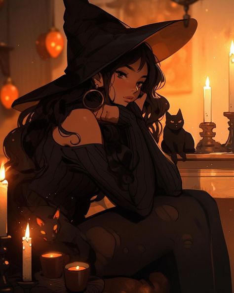 Classic Witch Art, Witch With Cat Art, Brown Witch Aesthetic, Vampire X Witch, Modern Witch Character Art, Anime Witch Aesthetic, Halloween Pfp Girl, Anime Witch Art, Manga Witch