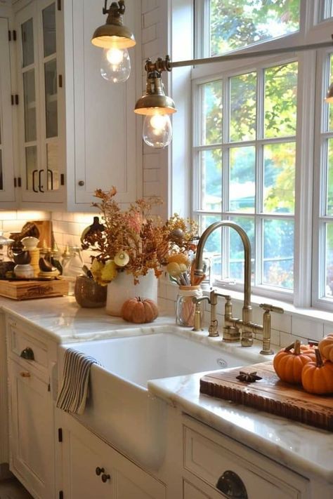 Autumn Decor Ideas.. you're welcome 🧡 🍂🌰🍁🍂🌰🍁🍂🌰🍁🍂🌰🍁🍂🌰🍁 Fall Houses Interior, Fall Farmhouse Interior, Fall Colors Interior Design, Fall Top Of Fridge Decor, Cozy Fall Kitchen Aesthetic, Country Cottage Fall Decor, Autumn House Decor Kitchen, Fall Home Aesthetic Kitchen, Fall Decor In Kitchen