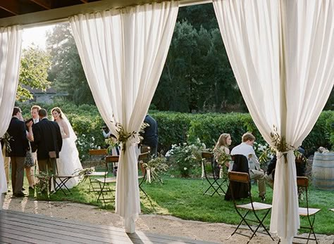 Cheesecloth Draping Wedding, Outdoor Wedding Curtains, How To Decorate A Pavilion For A Wedding, Carport Wedding Reception, Wedding Pavillion Ideas, Outdoor Pavillion Wedding Reception, Decorating Rafters For Wedding, Drapery In Trees Outdoor Weddings, Wedding Pavilion Decorations