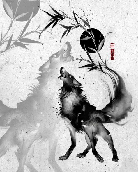 Random Tattoos, Spirit Animal Art, Asian Tattoos, Wolf Tattoos, Wolf Tattoo, Japanese Painting, Book Images, Nouvel An, Rice Paper