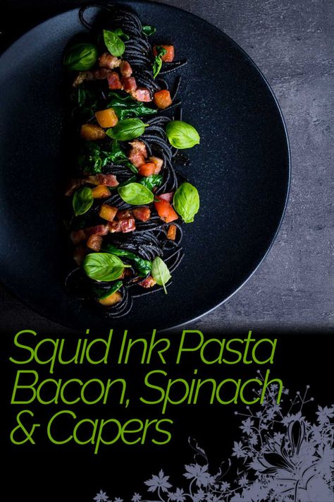 Black Ink Pasta, Squid Ink Pasta Recipe, Pasta With Capers, Simple Pasta Dishes, Squid Ink Spaghetti, Wheat Pasta Recipes, Colorful Pasta, Spooky Soiree, Pasta Bacon