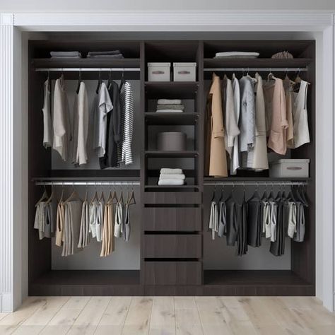 90" Custom Closet System Reach-in - On Sale - Bed Bath & Beyond - 36004152 Brown Closet, Custom Closet Storage, Organiser Son Dressing, Master Closet Design, Corner Closet, Reach In Closet, Closet Design Layout, Wardrobe Organisation, Closet Organizing Systems