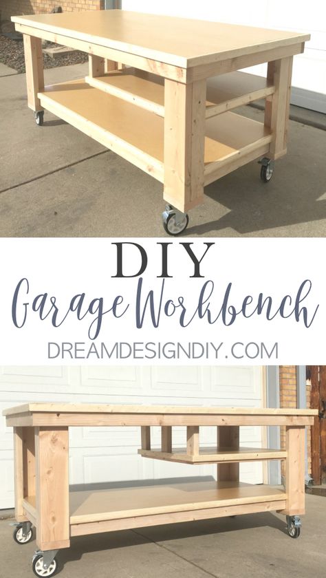 This DIY Garage Workbench on wheels is the perfect mobile, multifunctional build to organize your garage or workshop and work on your projects all in one space. I am particularly fond of the half middle shelf that is ideal for keeping power tools close at hand while still allowing storage of larger items on the bottom shelf. The height works perfect as an out feed for a table saw. Get the step by step tutorial with pictures and plans. #garage #garageworkbench #garageorganization #garagestorage # Workbench On Wheels, Garage Workbench Plans, Garage Workbench, Mobile Workbench, Workbench Plans Diy, Diy Workbench, Garage Work Bench, Workbench Plans, Woodworking Workbench