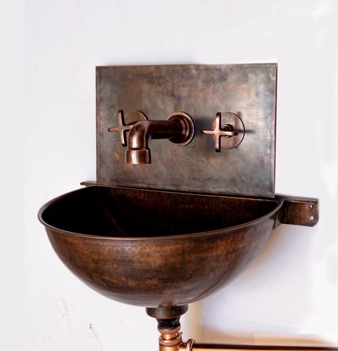 Mounted Bathroom Sink, Hammered Copper Sink, Copper Sink Bathroom, Copper Bathroom, Wall Mount Sink, Wall Mounted Sink, Brass Sink, Copper Pendant Lights, Wall Mounted Bathroom Sink