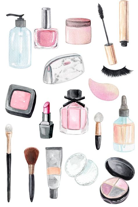 Makeup Watercolor, Makeup Clipart, Cream Nail, Makeup Illustration, Cream Bottle, Lipstick Blush, Makeup Stickers, Makeup Drawing, Lipstick Art