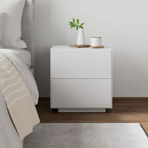 emilia bedroom | West Elm West Elm Nightstand, Nightstand Bedroom, Nightstand White, Metal Nightstand, Back Painted Glass, Back Painting, White Nightstand, Glass Facades, Modern Nightstand