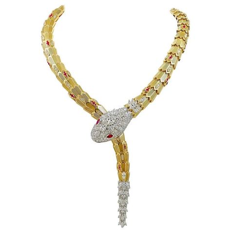 Bulgari Diamond and Ruby Serpenti Gold Necklace | From a unique collection of vintage Drop Necklaces at https://www.1stdibs.com/jewelry/necklaces/drop-necklaces/. Bulgari Serpenti Necklace, Bulgari Serpenti, Bulgari Jewelry, Drop Necklaces, Bvlgari Jewelry, Pearl Drop Necklace, Pearl And Diamond Necklace, Snake Jewelry, Crystal Bangle