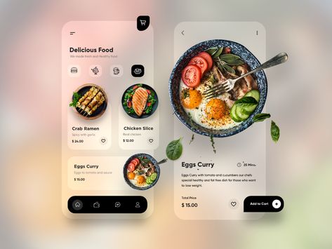 Hello Dribbblers!Designing Restaurant App I have uploaded 3 Versions one transparent white and black and one is solid color white I need your suggestion and reviews. Please have a look at my desi... Restaurant App, Menue Design, Mobile App Design Inspiration, App Interface Design, Ui Ux Designer, Ux Design Inspiration, App Design Inspiration, App Interface, Application Design