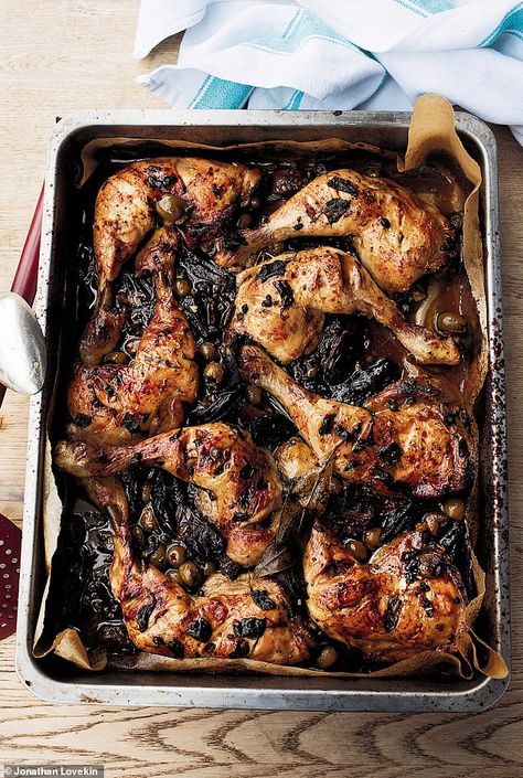 Ottolenghi's Simple: Chicken Marbella  | Daily Mail Online Ottolenghi Chicken, Chicken Marbella, Yotam Ottolenghi Recipes, Ottolenghi Recipes, Sweet Chicken, Simple Chicken, Best Cookbooks, Yotam Ottolenghi, Baking Tray