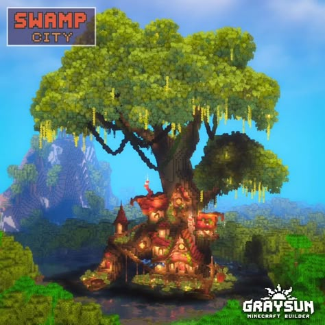 Minecraft Tree Village, Minecraft Tree Base, Swamp Builds Minecraft, Giant Tree Minecraft, Minecraft Swamp Build, Minecraft Trees Design, Minecraft Swamp, Swamp City, Aesthetic Minecraft Builds