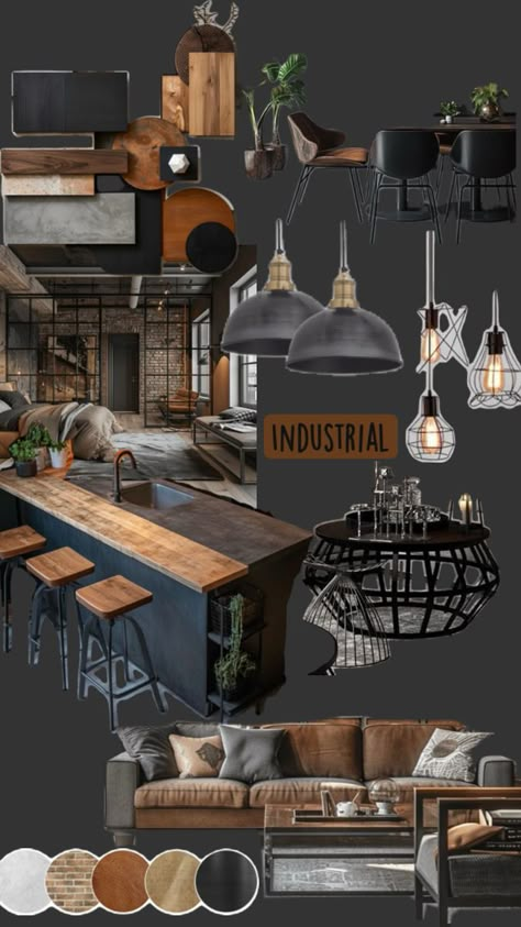 Moodboard Soft Industrial Decor, Industrial Mood Board, Industrial Moodboard, Neo Industrial, Container House Interior, Montana Cabin, Apartment Remodel, Industrial Room, Austin Apartment