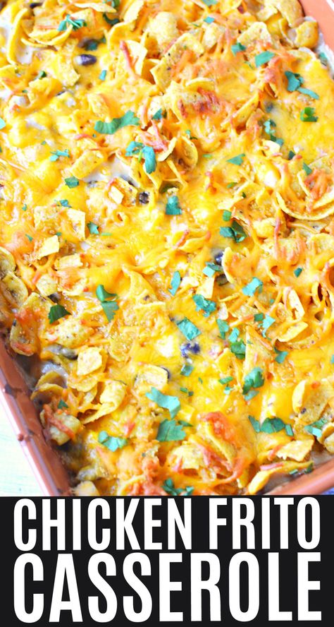 Chicken Frito Pie Recipe, Chicken Fritos Casserole, Fritos Chicken Casserole, Mexican Chicken Casserole With Fritos, Chicken Chili Frito Pie, Frito Casserole Recipes, Frito Mexican Casserole, Chicken Finger Casserole, Fritos Pie Casserole