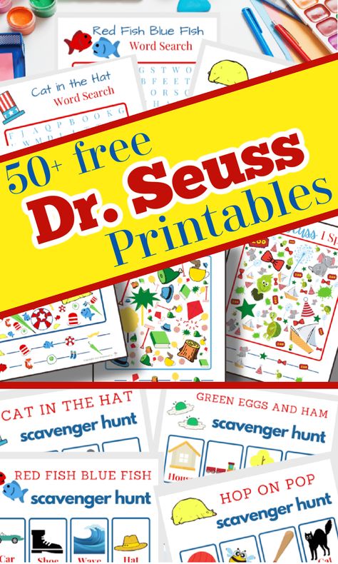 More than 50 free Dr. Seuss printables, including games, activities, learning packs, coloring pages and more! Dr Seuss Printables Free, Dr Seuss Game, Dr. Seuss Crafts, Dr Seuss Printables, Dr Seuss Preschool Activities, Dr Seuss Coloring Pages, Dr Seuss Preschool, Hop On Pop, Dr Seuss Activities