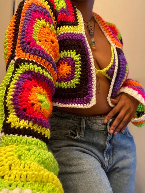 Neon crochet cardigan Crochet Cardigan And Top Set, Crochet Long Sleeve Cardigan For Festivals, Skating Rink Aesthetic, Cropped Hoodie Crochet, Crotchet Cropped Cardigan, Two Piece Crochet, Crochet Cropped Cardigan, Glow Outfits, Crotchet Patch Work Cardigan