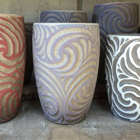 Some greenware pots! #pottery #potterymafia #ceramics #clay #scraffito #carvingay #trimihendrix #spindiesel #girthbrooks #bobboyer… Sgrafitto Ceramics, Pottery Carving, Pottery Inspo, Pottery Supplies, Ceramic Texture, Pottery Inspiration, Surface Decoration, Slab Pottery, Carving Ideas