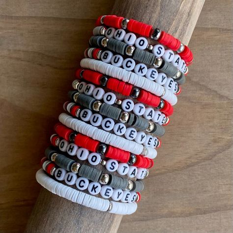 Beaded Heishi Bracelet - Handmade Jewelry - Ohio State Buckeyes Ohio State Buckeyes Bracelet, Osu Crafts Diy Ohio State Buckeyes, Ohio State Clay Bead Bracelet, Ohio State Bracelet, Ohio State Buckeyes Crafts, Buckeye Crafts, Heishi Bracelets, Heishi Bracelet, Bracelet Inspo