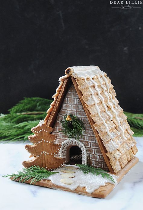 A-Frame Gingerbread House - Dear Lillie Studio Gingerbread A Frame House, Gingerbread House Roof Ideas, A Frame Gingerbread House, Gingerbread House Roof, Gingerbread House Patterns, Gingerbread House Recipe, Gingerbread House Template, Roof Decoration, Mint Rooms